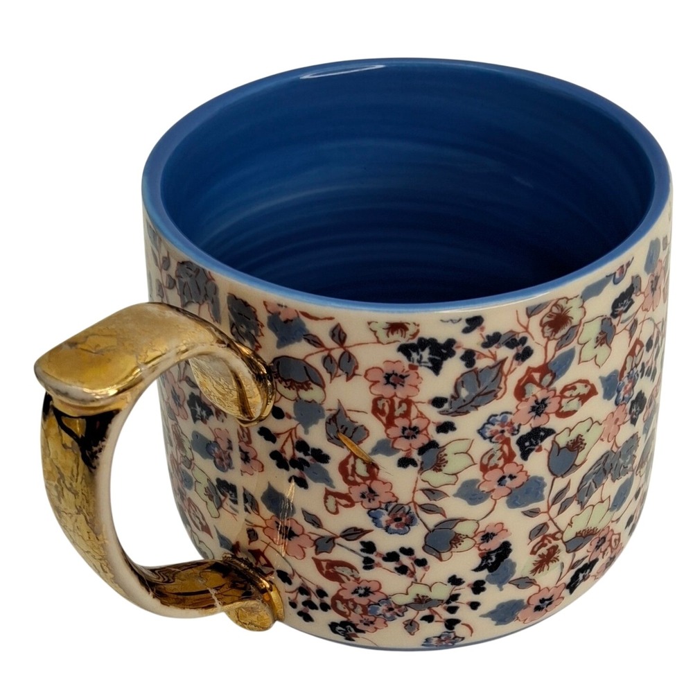 Coffee Mug Anthropologie Liberty Blue Floral Chintz 16 oz Gold Handle Shows Wear